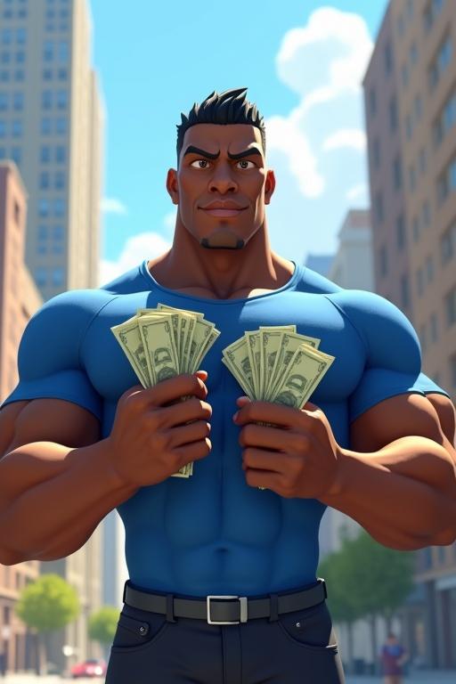 A muscular black man in a blue shirt holds stacks of money on a city street. Buildings are in the background. The man has a strong jawline and intense expression. High-definition, ultra-realistic toon style with photorealistic shadows. Sunny day, cinematic lighting.