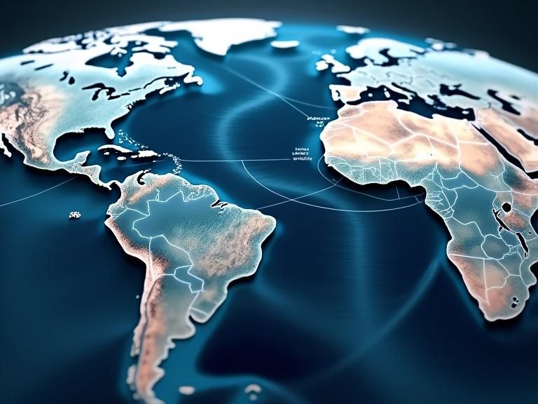 3D render of a world map satellite view focused on the Caribbean Sea. No text on the map. Lines show internet connectivity between countries. Avoid lines in ocean areas. Exclude South America and the United States.
