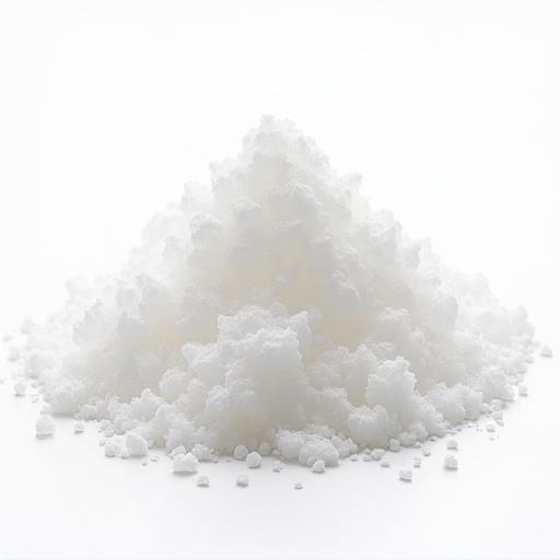 Top view of many lump sugar pieces on a white background. The sugar is piled into a mound with some scattered around.