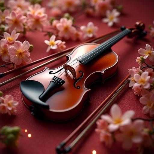 Photorealistic image of a violin on a dark red velvet fabric surrounded by music notes and pastel colored flower petals with ambient lighting and small spotlights on the violin's lacquer.