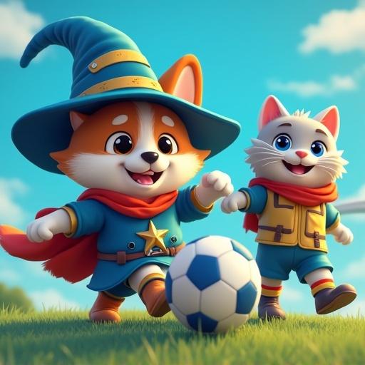 Corgi dressed as a mage and a cat styled as an engineer playing football on a blue field.