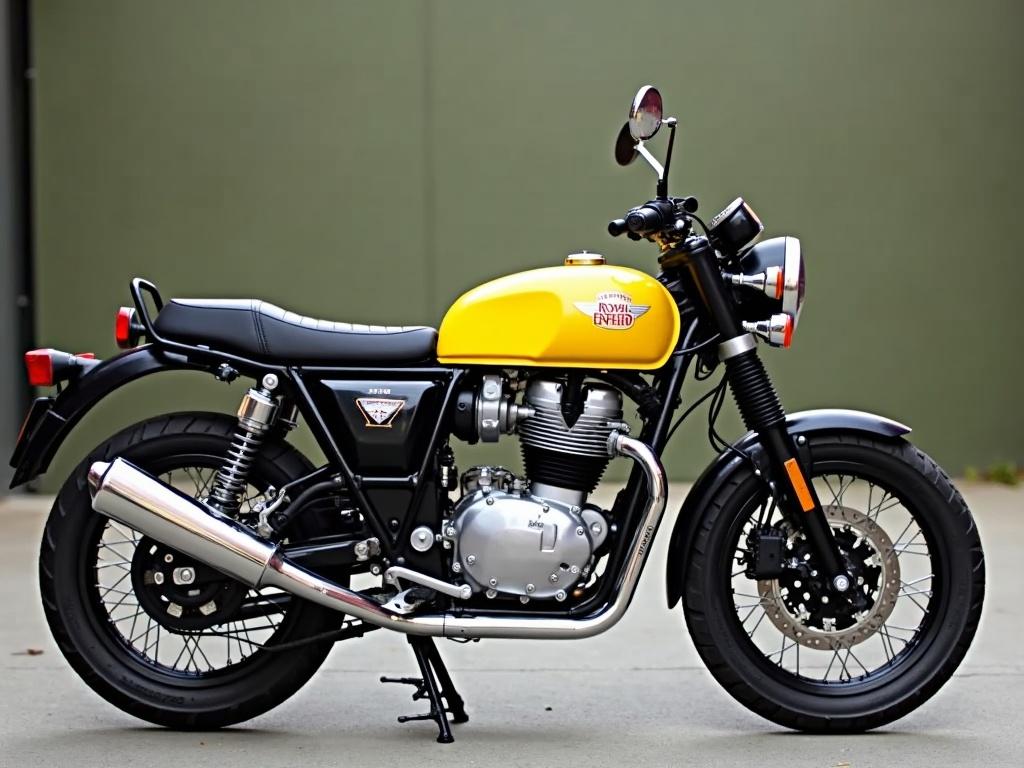 Image of a Royal Enfield scram 440 motorcycle colored lemon yellow. Side view showcases its design and features.