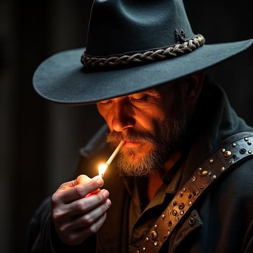 Rugged cowboy in dark setting. Weathered black hat with braided band. Lighting a cigarette with a match. Partially illuminated face. Rough beard and intense expression. Leather bandolier with metal studs over dark coat. Gritty cinematic Western atmosphere.