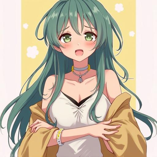 Illustration of a female character with green hair. She wears a stylish outfit and has a soft expression. The background is light and complements her appearance. 