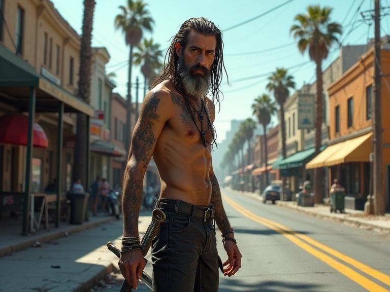 A realistic depiction of a rugged male in a dirty urban setting. Man has long beard and hair. No shirt and wearing black leather pants. Holds an iconic sword in right hand. The scene includes trash, stores, palm trees, and power lines under bright sunlight.