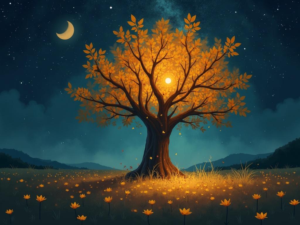 A girl stands under a large tree on a path. She gazes at the sky filled with clouds and twinkling stars. The scene is vibrant and dreamy, evoking a sense of wonder and tranquility.
