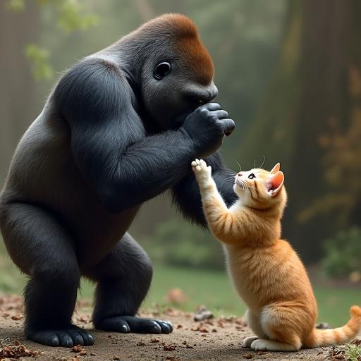 A gorilla and a cat interacting in a natural setting. The gorilla is large and muscular while the cat is small and playful. The background is blurred, showing a forest environment with soft lighting.