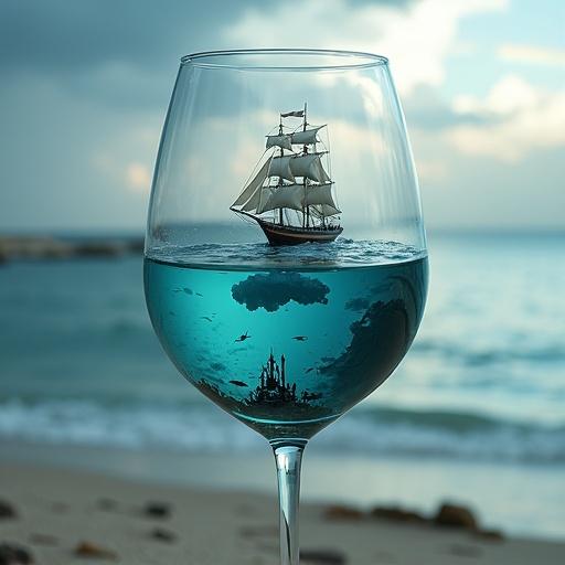 A miniature ocean scene within a crystal wine glass. A tall ship sails on the surface near an iceberg. Silhouetted figures can be seen. A faint rainbow arcs across a cloudy sky. Underwater view shows a sandy seabed and schools of tiny fish. A mysterious sunken artifact is present. Soft ethereal lighting creates a hyper-detailed ambiance.