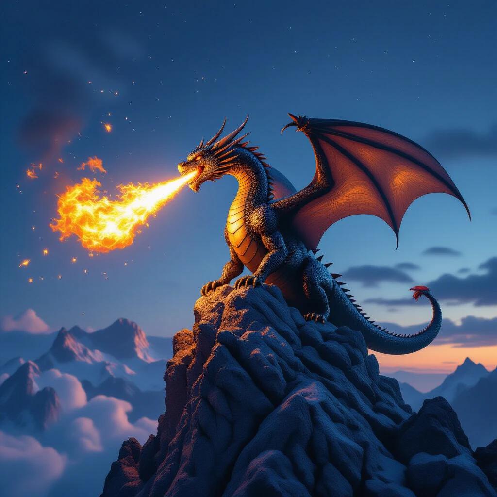 A dragon perched atop a craggy peak. The dragon breathes fire into the night sky. The scene is hyper-realistic and cinematic. The image is in 8K resolution.