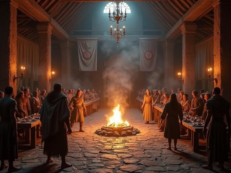 Ultra-detailed Viking mead hall interior post-victory celebration. Central firepit illuminates warriors in wool tunics arm-wrestling on trestle tables stained with mead. Women in strap dresses passing roasted boar on iron spits. Skald in goat-hide cloak reciting verses beside captured Saxon banners. 50m oak hall with Yggdrasil-carved pillars, enemy shields on walls, smoke-vented roof. Food includes oak casks of heather mead, rye bread on heated stones, cloudberry jam in birch pots. Style: Hyperrealistic 8K, Rembrandt-esque chiaroscuro lighting, visible wood grain and fabric textures.