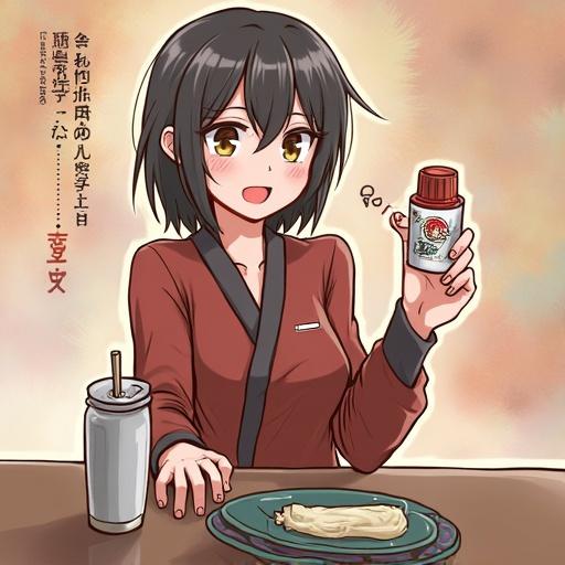 A female character with black hair showing a can while sitting at a table. She wears a red outfit and smiles at viewers. A plate of food is in front of her. The setting is inviting and casual.