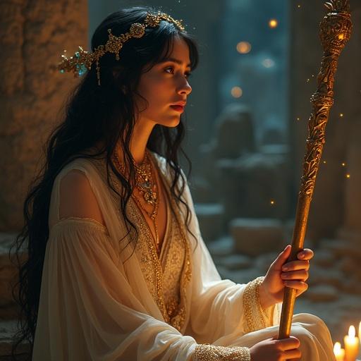 A young woman wearing a flowing divine robe stands amidst ancient ruins. Intricate golden embroidery adorns her robe. Her long hair features golden ornaments. A magical atmosphere fills the scene. A wizard sits quietly nearby, cloaked in a dark robe. His staff emits a blue glow. Floating spellbooks and runes surround him. The environment radiates mystery and elegance. The image captures exquisite detail in 8K resolution.
