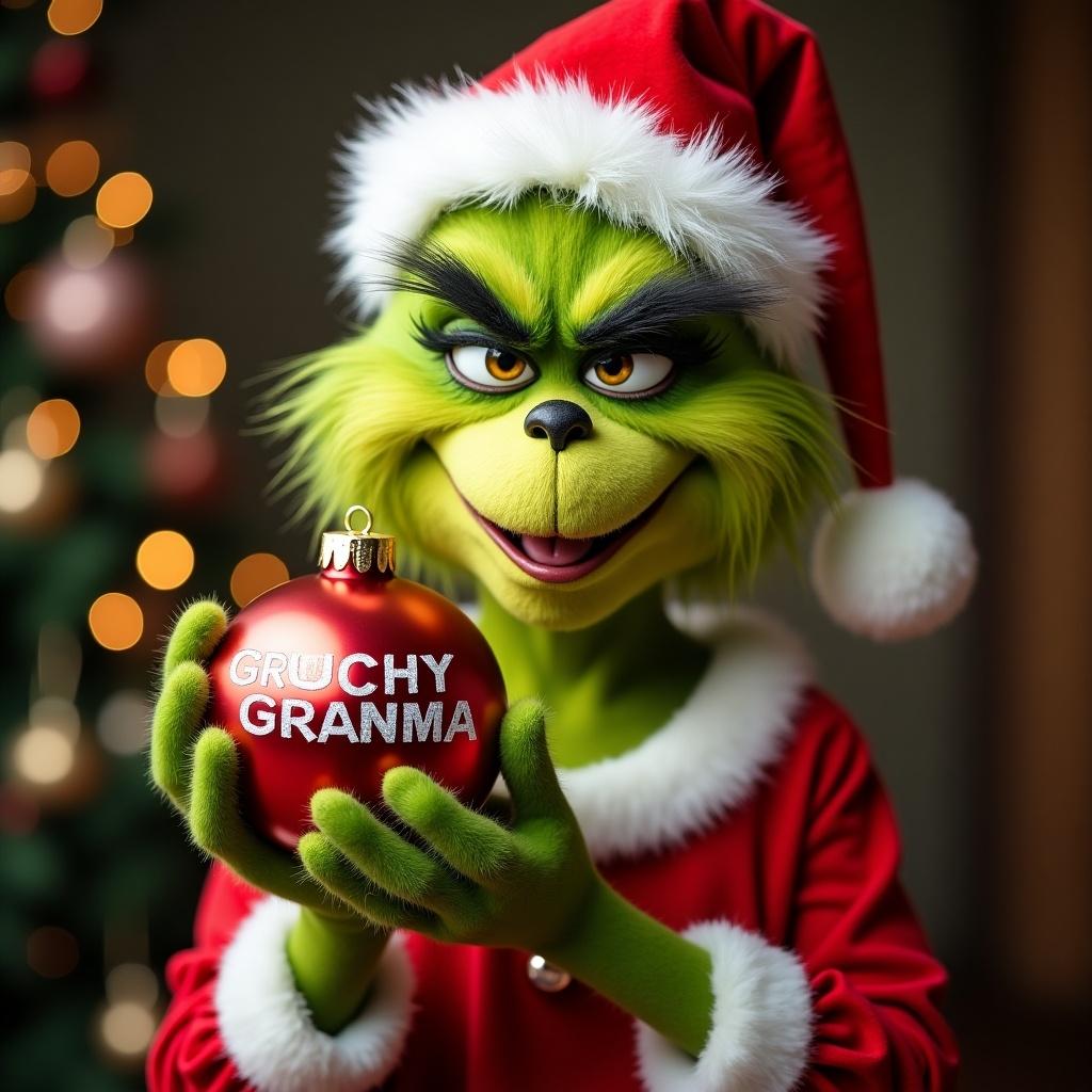 Grinch character in Christmas outfit holds shiny ornament labeled Grouchy Grandma Barbara in cozy holiday setting.