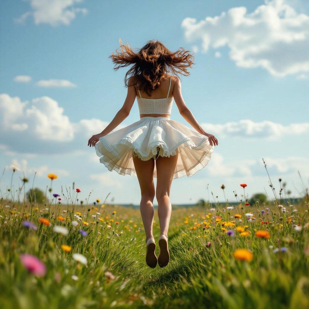 View of a young woman from behind in a frilly miniskirt floating in the sky above a grassy field filled with colorful flowers. Her feet and body are lifted off the ground.