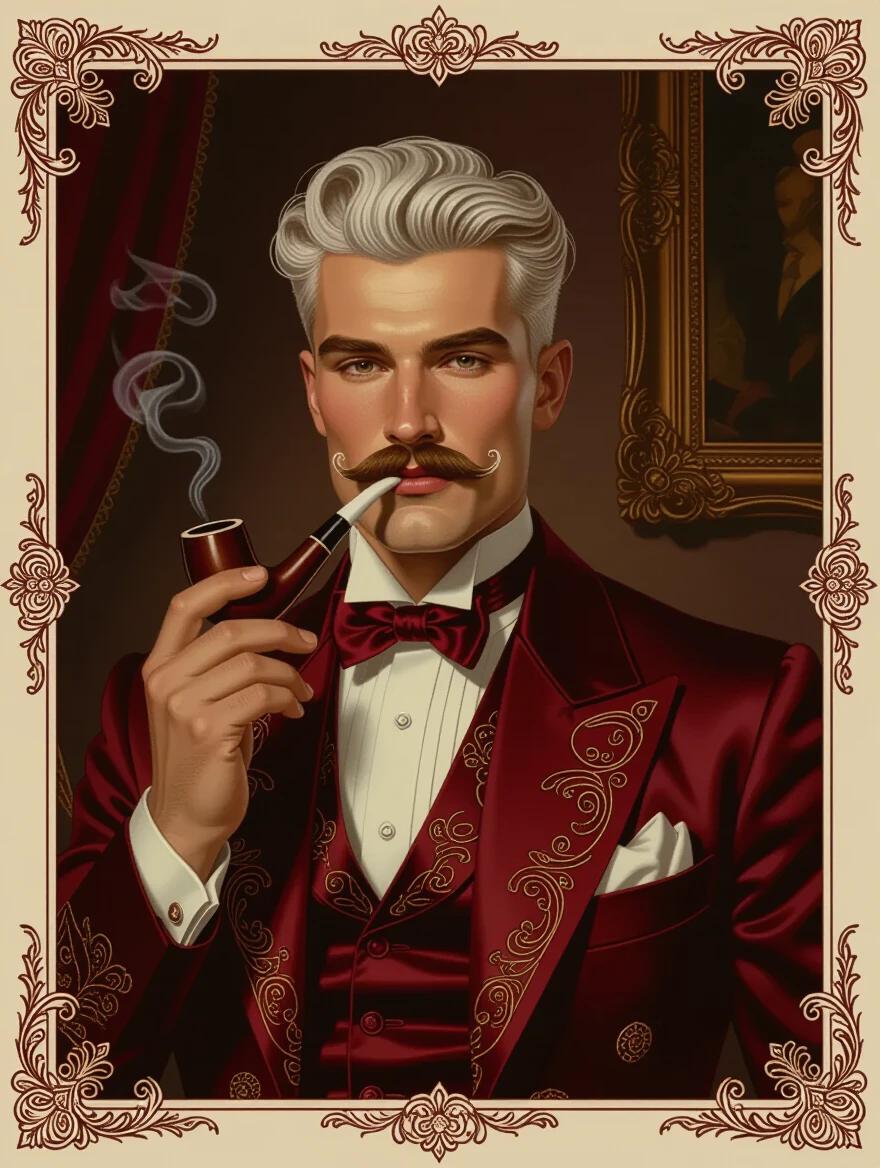 A waist up portrait of a striking lean Russian man with a curled moustache and white hair. He wears ornate burgundy 1940s formalwear. He holds an ivory tobacco pipe. The setting is in a dim mansion room. The color scheme is burgundy. The overall tone is dark and mysterious. An art nouveau border frames the image.