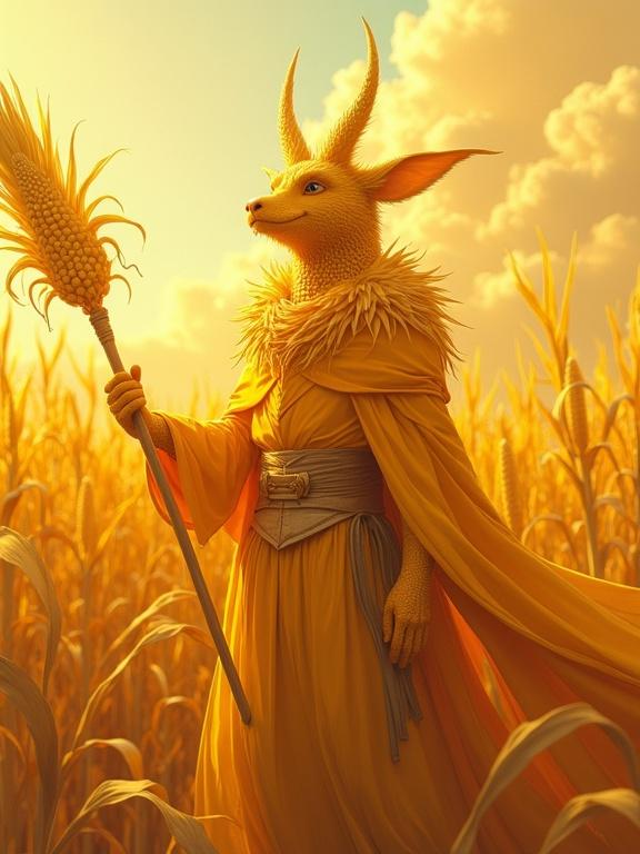 Imagery depicts an anthropomorphic corn hero in a golden, cel-shaded painterly 3D anime style. Character stands proudly in a golden cornfield, holding a staff. Hero has animal-like features and wears a flowing robe, evoking a sense of majesty and bravery.