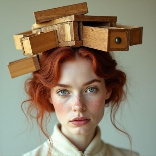 High fashion photo of a woman modeling an avant garde headpiece. Conceptual hat resembling a wooden cabinet with cascading drawers. Dark red hair, pale creamy skin, light freckles, light blue eyes. Upturned nose. Influenced by designers like Betsy Johnson, Yves Saint Laurent, Alexander McQueen.