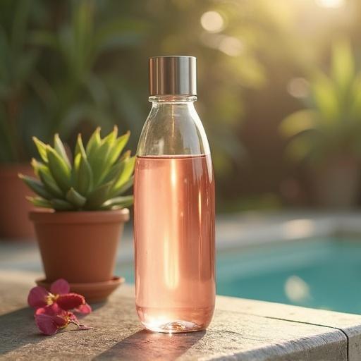 Luxurious water bottle filled with pink liquid. Background features a potted plant and swimming pool. Soft sunlight illuminates the scene.