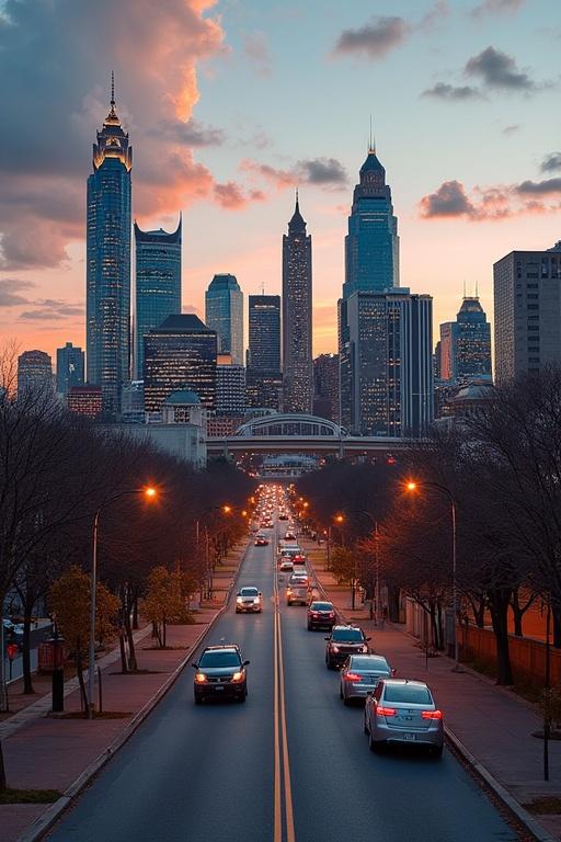 Twilight view of a busy street in Atlanta with a skyline in the background. Numerous cars on the road. Street lamps illuminating the scene. Cloudy sky with a mix of colors during sunset.