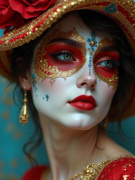 Woman adorned in beautiful red and gold attire. She showcases dramatic blue makeup. Intricate headdress complements the vibrant colors. The scene emulates Venetian art styles. The background features dark teal and white tones.
