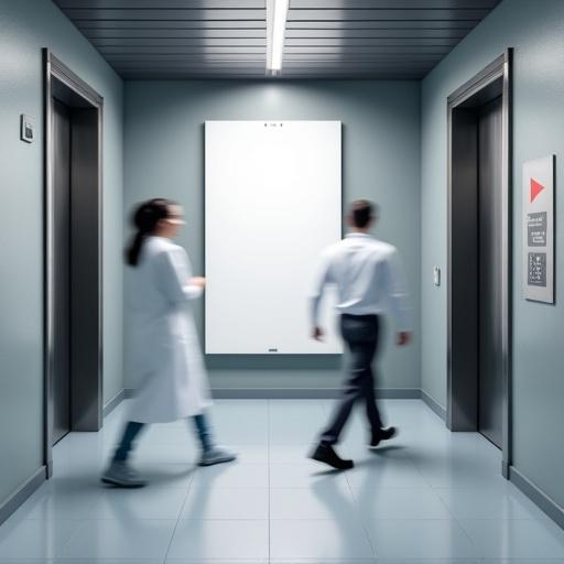 Scene in a hospital hallway featuring two elevators. Mockup board is located in the center. Good light and shadow create realism. One elevator is closed, the other open. Accurate buttons and textures. Two doctors pass by in motion. Image is high quality and detailed.