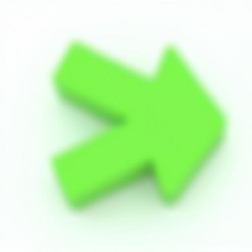 A vibrant glossy 3D green arrow with smooth curves and shiny surface viewed from directly above on a clean white background.