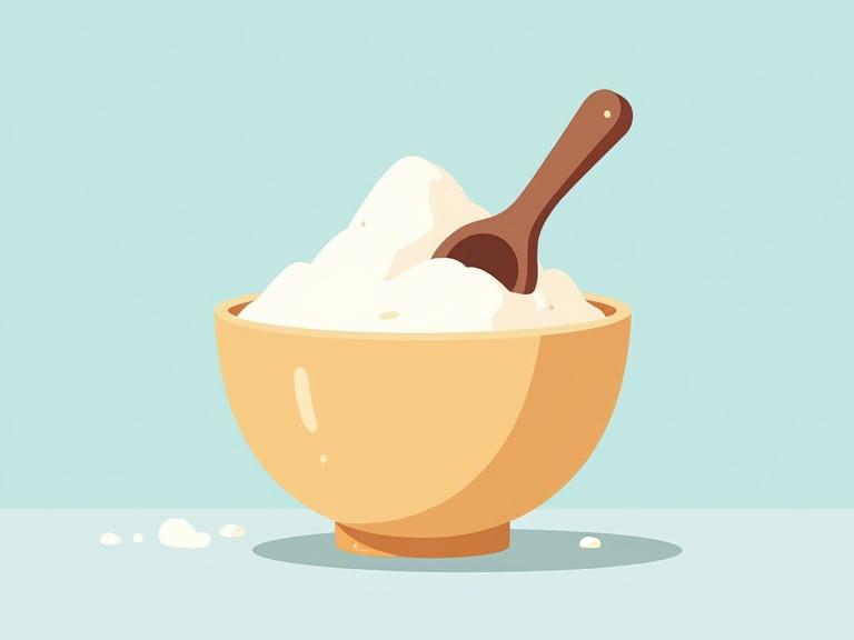 Ingredient depiction of white flour featuring a bowl with a wooden spoon styled in a cartoon-like way. Emphasis on clean lines and soft curves. Background should be a solid color.