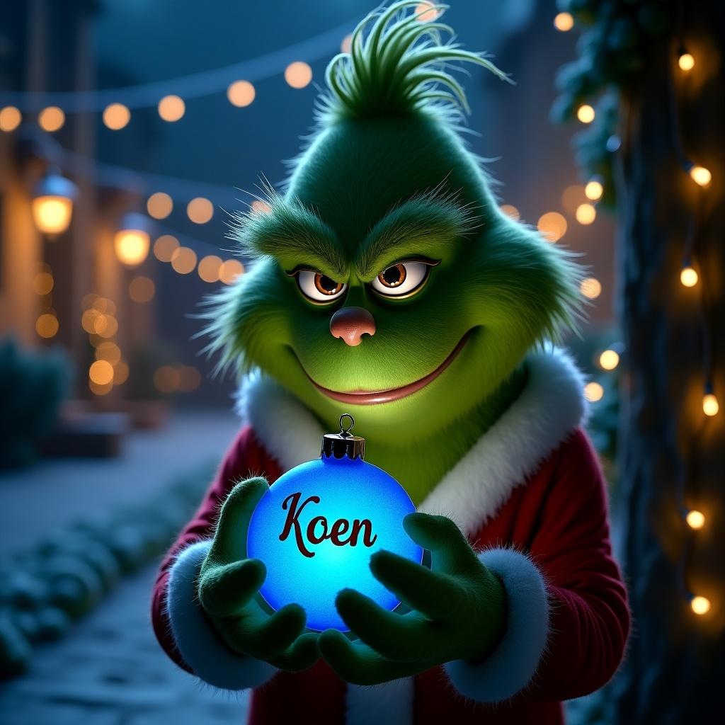 Serene night garden scene featuring Grinch holding a glowing blue Christmas bauble. The bauble displays name in elegant script. Surrounding twinkling Christmas lights enhance the magical atmosphere. Ideal for Christmas-themed content.