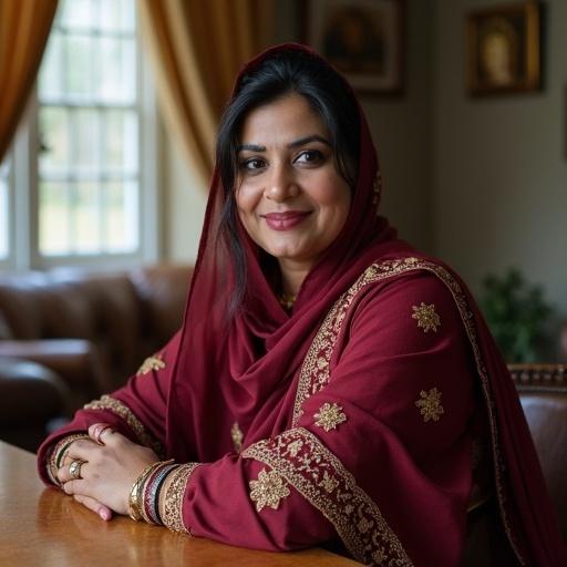A portrait of a woman in a red shawl sitting indoors. She exudes confidence and warmth. The background features a comfortable living space.