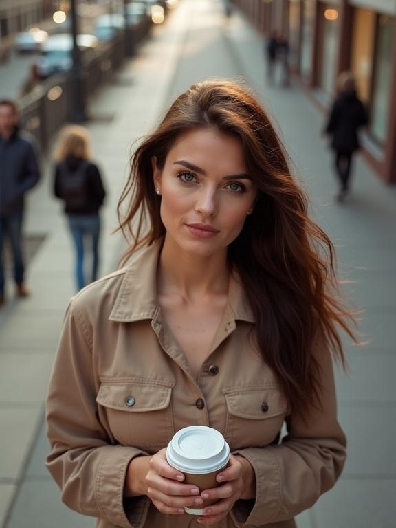 View of a woman walking in the street while holding a coffee cup. She has brown hair and a beautiful face. The perspective is from above, capturing her in a casual outfit.