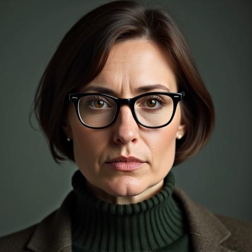 Realistic close-up portrait of a middle-aged woman with short dark brown hair. She is wearing black-framed glasses and a dark green sweater. A dark brown or charcoal blazer is worn. The expression is serious with furrowed brows. The lighting is direct and focused on the face to highlight skin texture.