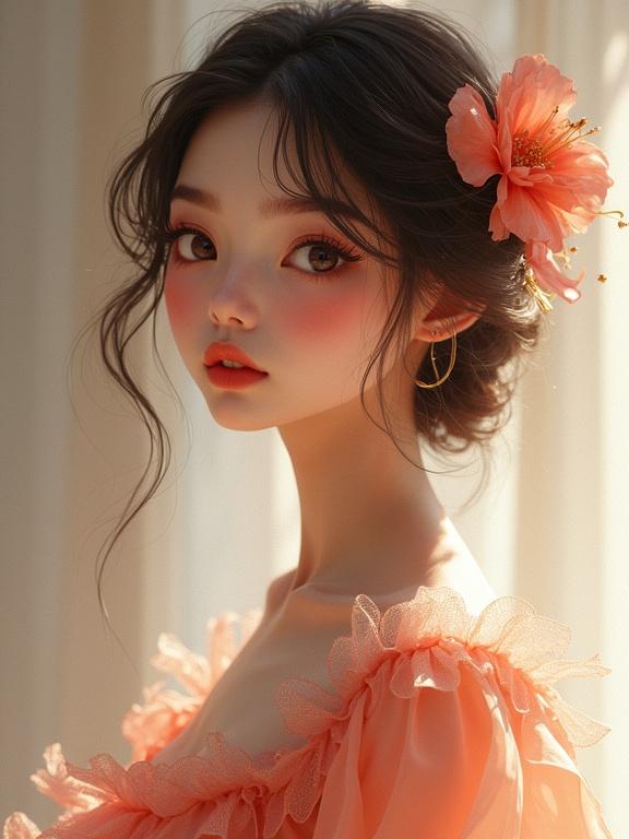 Anime styled portrait of a woman with jelly-like eyes. She wears a soft peach dress with ruffles. A flower adorns her hair. Vividly detailed dress. Use of soft and luminous brush layers. Focus on gentle expressions and warm colors. Aiming for an ethereal aesthetic without dark tones.