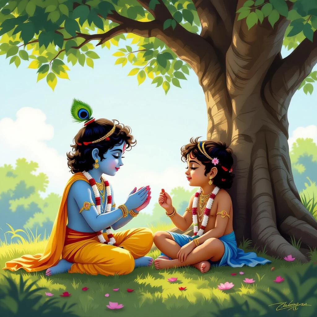 Young Krishna and his friend playing together in a mythological background. They sit under a large tree in a realistic style with a bright atmosphere.