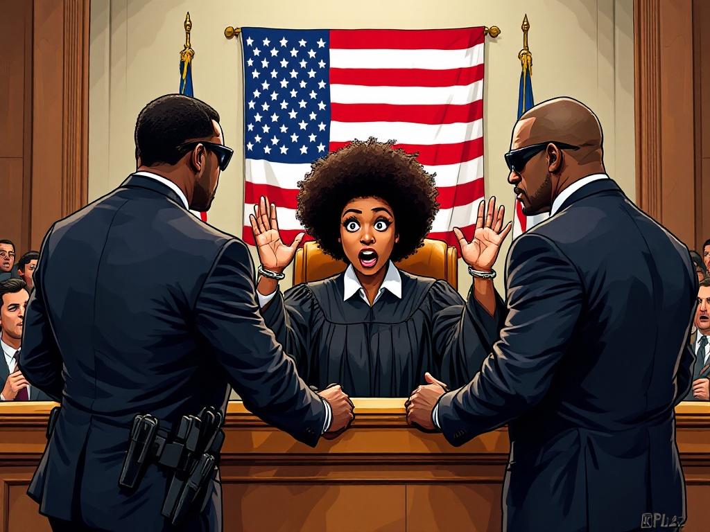 A cartoon courtroom scene shows two FBI agents in dark suits and sunglasses arresting a surprised afro-american female judge. Judge in black robes raises hands as one agent reads rights and the other holds handcuffs. Wooden courtroom decor features a U.S. flag. Spectators appear shocked.