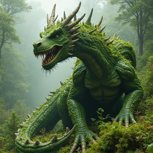 Giant dragon attacks in a green forest. Dragon made of wood and plants. Surrounded by trees, mosses, bushes, and small plants. Features a forest growing from its body.