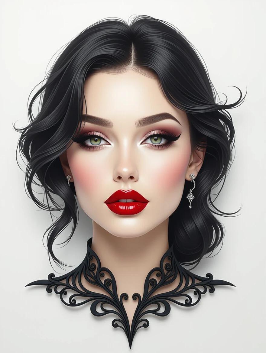 Portrait of a glamorous woman with dark hair and striking makeup. Features bold red lips and intricate earrings. Background is plain to emphasize the subject. Style combines digital art and gothic elements.