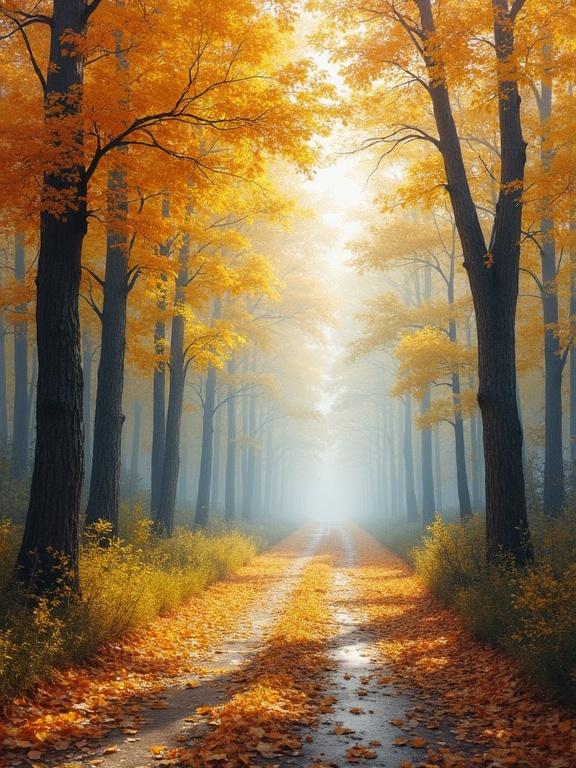 Photorealistic autumn scene with vibrant yellow and orange leaves. Fog envelops the forest. A winding pathway leads through the trees. The atmosphere is serene and nostalgic. Leaves blanket the ground.
