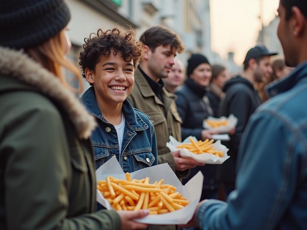 Group of people enjoying a meal outdoors, one woman smiling and handing out food