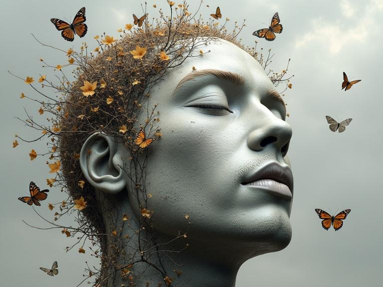 Surreal artistic representation of a man's face with a stone-like texture. Closed eyes and serene expression. Surrounded by dried leaves and branches. Butterflies scattered around against a cloudy grey background.