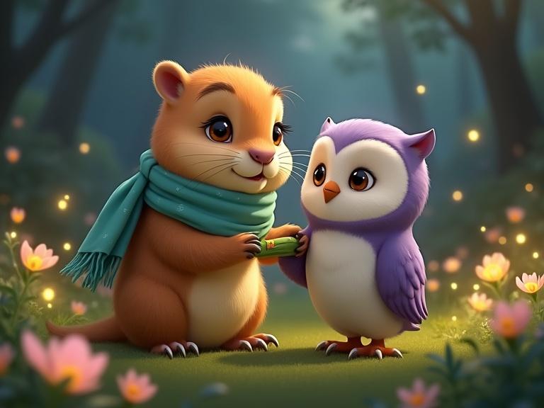 In a forest clearing surrounded by glowing flowers A small capybara with soft golden brown fur and a light teal scarf tends to a medium sized owl with soft lavender feathers whose left wing is wrapped in glowing green leaves The capybara's expression is gentle and kind Fireflies hover nearby in a Disney Pixar style