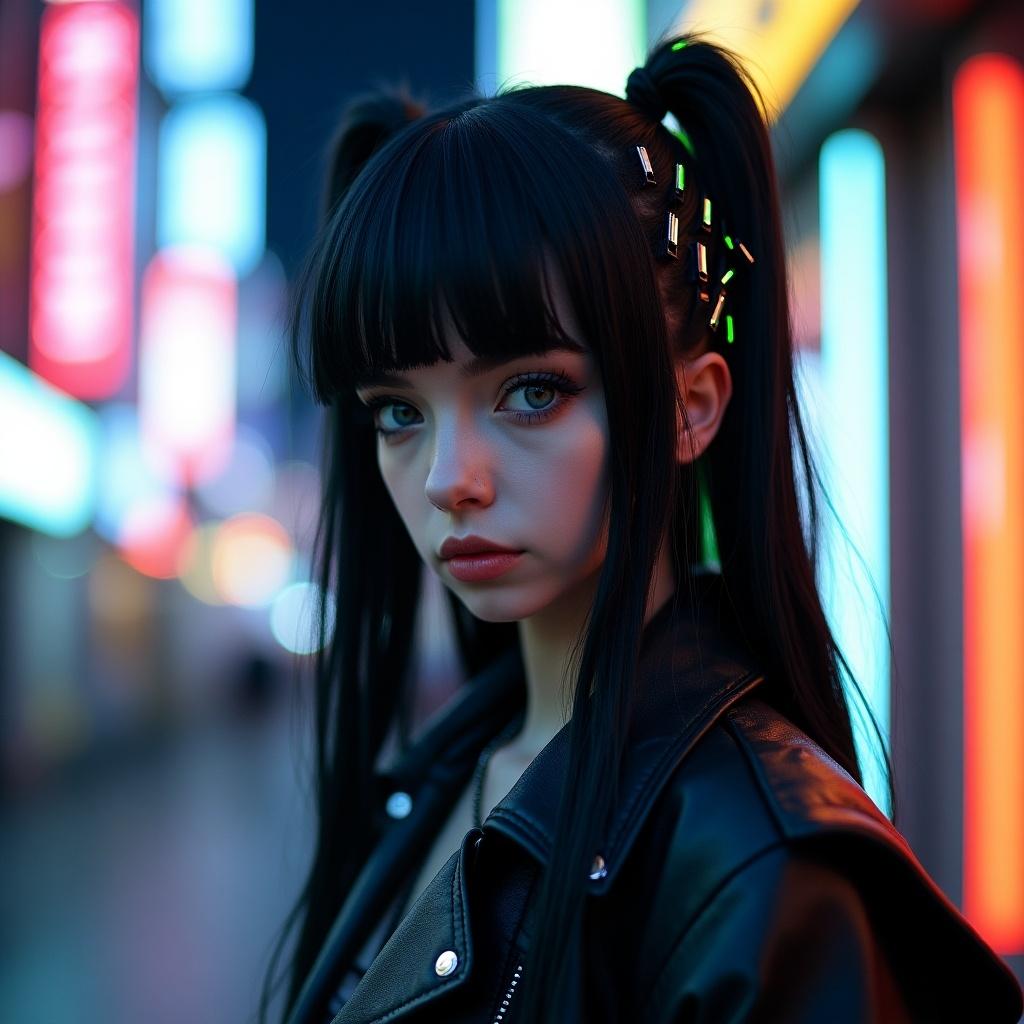 Character with black hair and green highlights. Modern hairstyle with clips. Wearing stylish rebellious outfit. Neon-lit urban background.