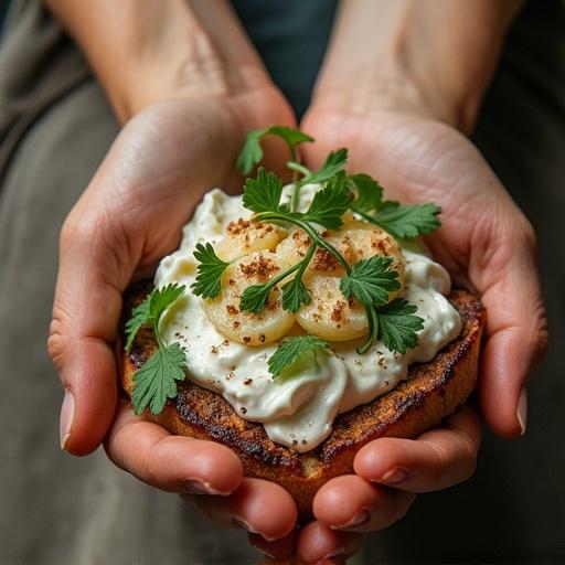 A close-up image of hands holding a slice of toast topped with creamy spread bananas and fresh herbs. The bread is golden brown with a crispy texture. The background is softly blurred, focusing attention on the food. Ideal for healthy lifestyle and food photography context.