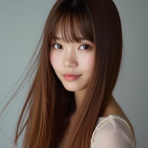 A portrait of a young woman with long, shiny, straight hair. The hair shines brightly and is styled diagonally above and behind her. The focus is on her face, showcasing a natural and soft expression with delicate features.