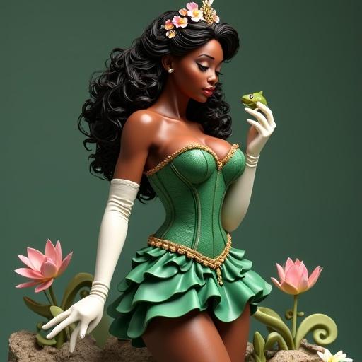 Ultra-detailed resin figure of a beautiful dark-skinned woman inspired by Disney's Princess Tiana. She has a curvaceous body and sensual posture, slightly leaning forward about to kiss a frog. Wearing an emerald green corset with gold details and a ruffled miniskirt. Long white gloves and curly hair with a floral tiara. Expression is sweet and confident. Figurine stands on a decorated base with rocks, flowers, and water lilies. Full of fine details and fantasy style.