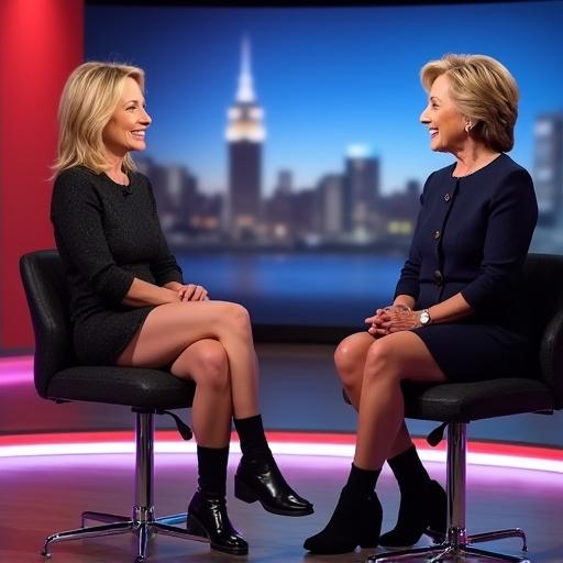 30-year-old TV presenter in a short miniskirt and boots interviews Hillary Clinton. They sit in modern chairs. Background shows city skyline at night.