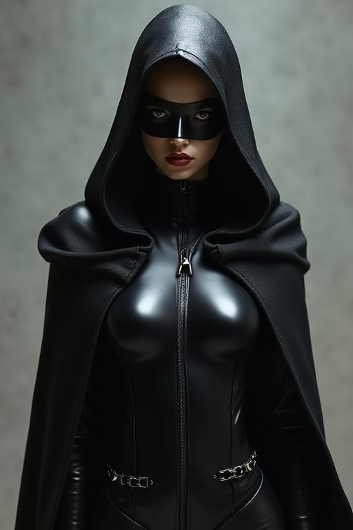 Image featuring a beautiful young girl wearing a hooded black cape and a mask. The girl's eyes appear cold and domineering. She has a tall, slender physique, dressed in a tight black latex suit with high-heeled boots.
