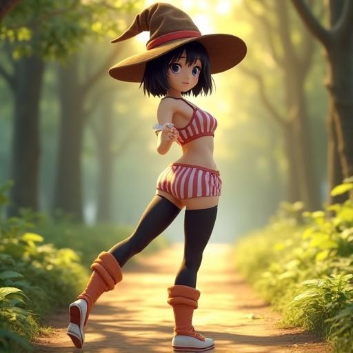 A young female mage performs a standing Y-pose on a sun-dappled forest path. She is slightly turned with her back to the viewer. She glances over her shoulder with a shy expression. She has a large wizard hat with brown fabric and red trim. She wears a pink and white striped crop top and matching V-cut bottoms. Her right leg has a black thigh-high stocking. Her left leg is wrapped in white bandages. Both legs wear orange folded-over boots. Natural lighting enhances her soft porcelain skin and fabric textures. The background shows a warm morning light forest path.