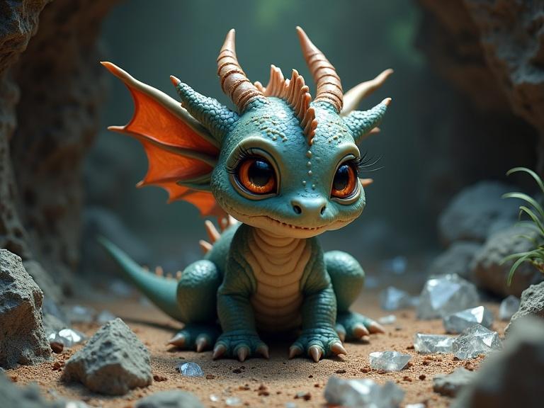 A baby dragon sits in a cave surrounded by crystals. Scattered knight's armor lies on the ground.