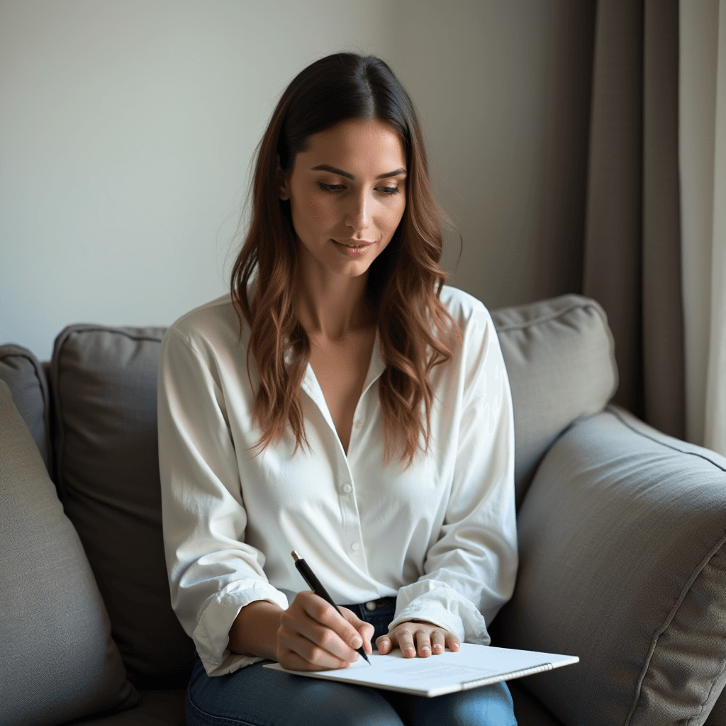 A woman in a white blouse sits on a couch, writing in a notebook.