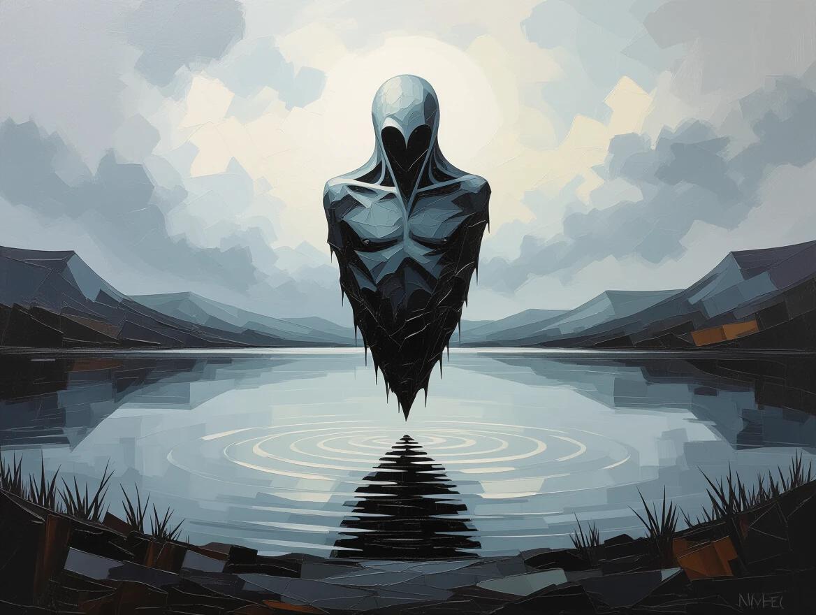 Floating figure above a dark still lake. Landscape in muted tones. Sculpted from thick oil paint. It's a dark fantasy scene.